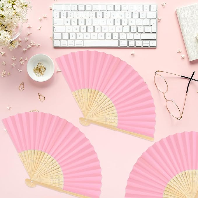 12 Pieces Pink Hand Held Bamboo Folding Fans Paper Fans Handheld - Image 6