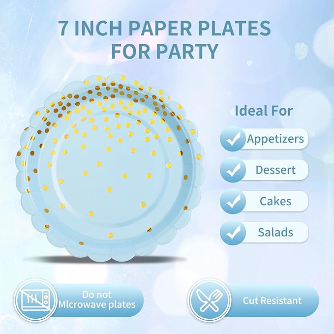 Light Blue Paper Plates and Napkins Party Supplies, Disposable Gold Dot Dessert - Image 3