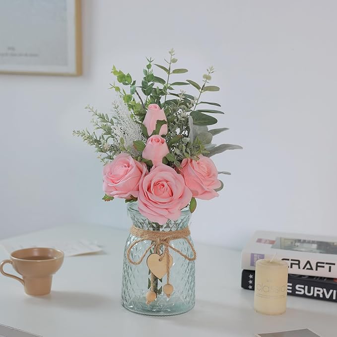 Faux Flowers with Vase, Artificial Silk Roses in Vase, Fake Plant Eucalyptus - Image 3