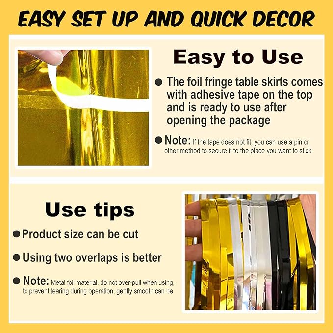 3 Pack Black Gold Silver Foil Fringe Table Skirts Metallic Tinsel Streamers - Image 3