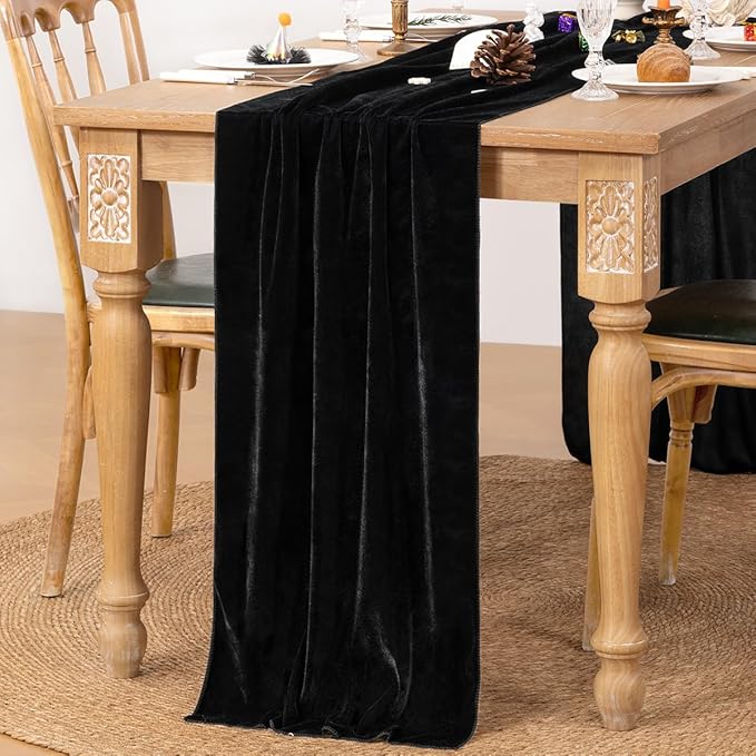 MLMC Black Velvet Table Runner 10ft Glossy Luxury Velvet Fall Table Runner - Image 2