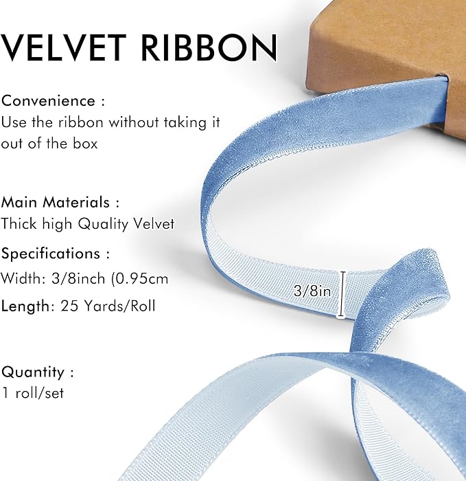 Blue Velvet Ribbon 3/8'' 25 Yards - Image 2