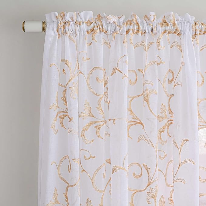 Sheer Curtains White-Beige 45 Inch Length Floral Embroidery Vintage Rod Pocket - Image 3