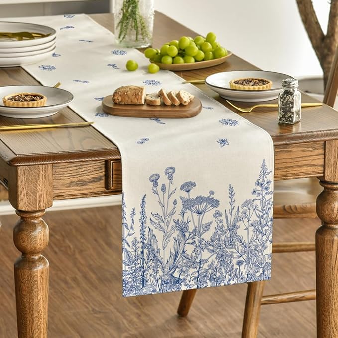 Artoid Mode Blue Antique Herbs and Wild Flowers Spring Table Runner, Seasonal - Image 3