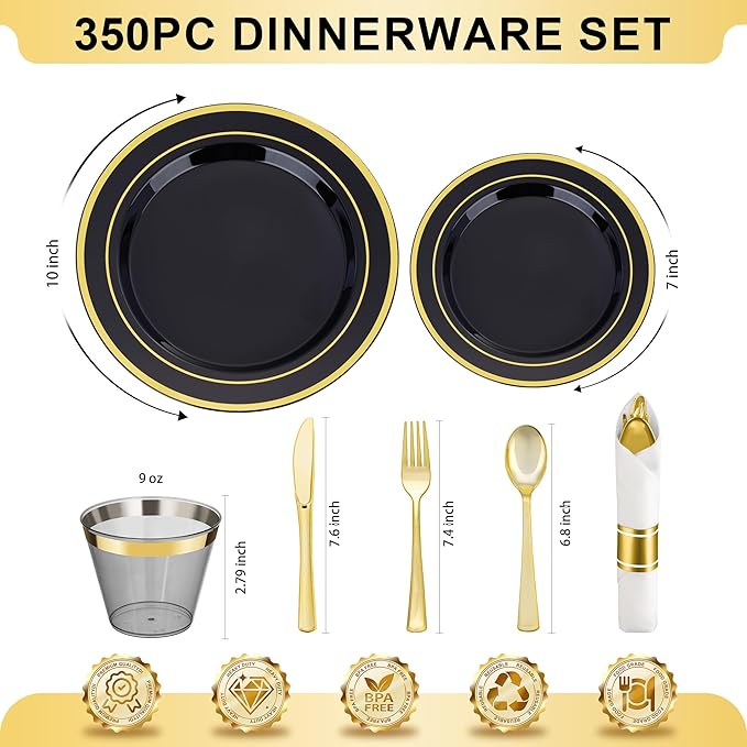 BESTVIP 350PCS Black Gold Dinnerware Set - Image 5