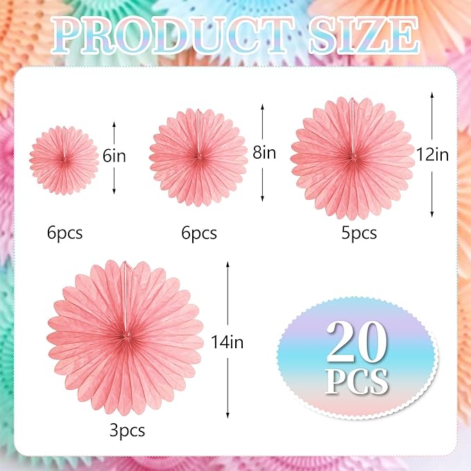 20 Pcs Light Pink Hanging Paper Fan, Round Paper Fans Decorations Set - Image 2