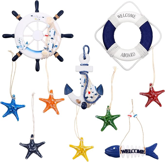 Marsui 11 Pcs Wooden Nautical Wall Decor Fishing Net Decorations, Include - Image 3