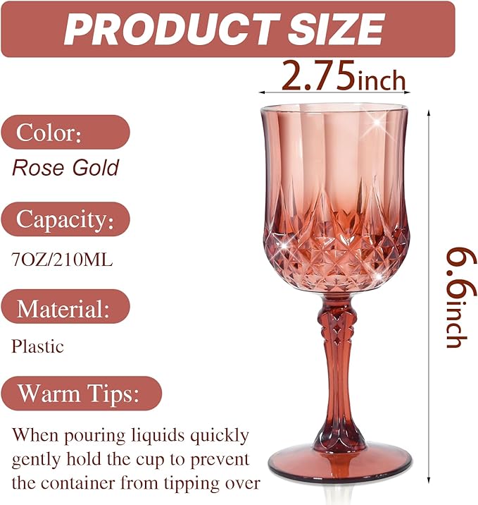 24 Pcs Plastic Rose Gold Stemmed Wine Glasses, Unbreakable, Dishwasher Safe - Image 2