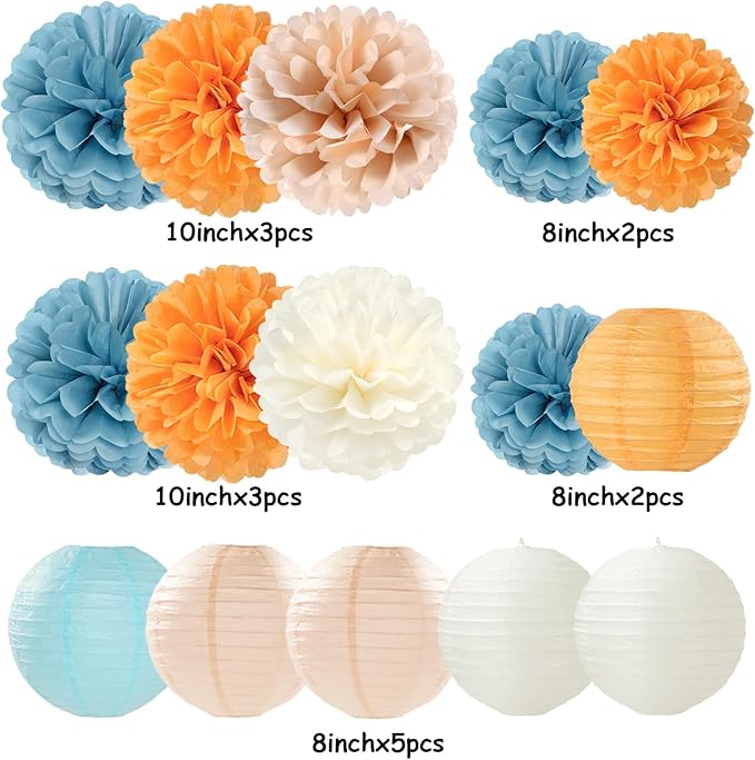 Dusty-Blue Orange Party-Decorations Paper-Flowers Lanterns - Image 2