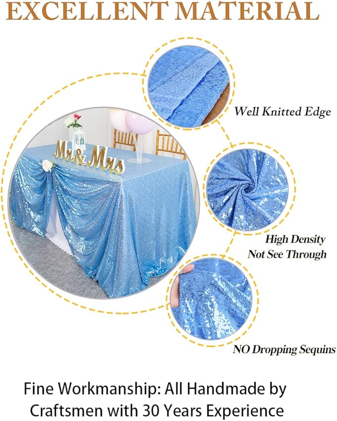ShinyBeauty Square Tablecloth 72x72-Inch Sequin Tablecloth Overlay Baby Blue - Image 3