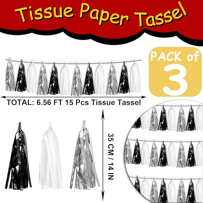 3P Black Silver White Metallic Fringe Tassel Banner Garland Foil Tinsel - Image 2