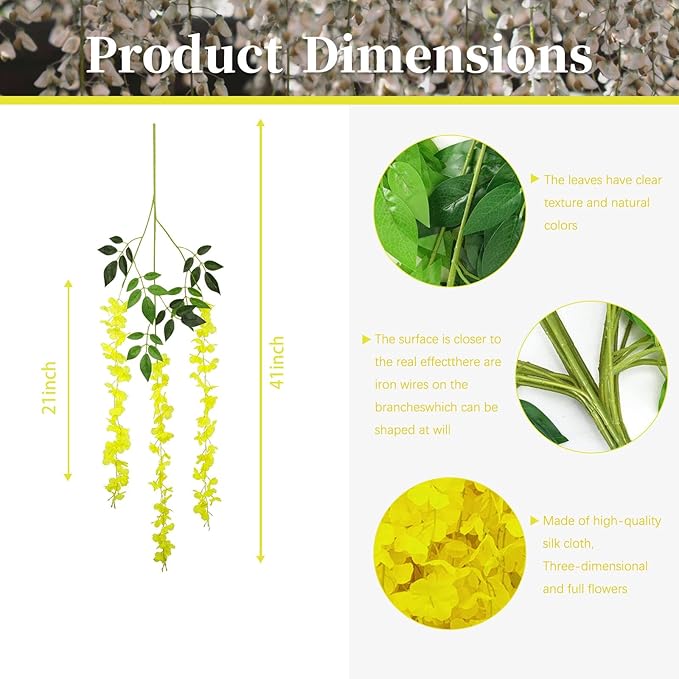 5 Pack Yellow Wisteria Hanging Flowers, 3.44 Ft Fake Hanging Flowers, - Image 3