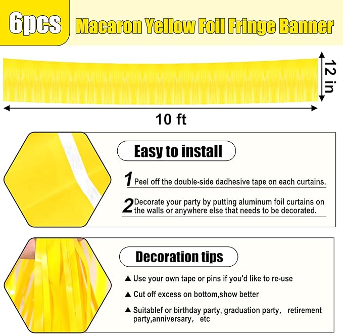 6 Pack 10 Feet Yellow Foil Fringe Garland Metallic Tinsel Streamers Banner Wall - Image 2