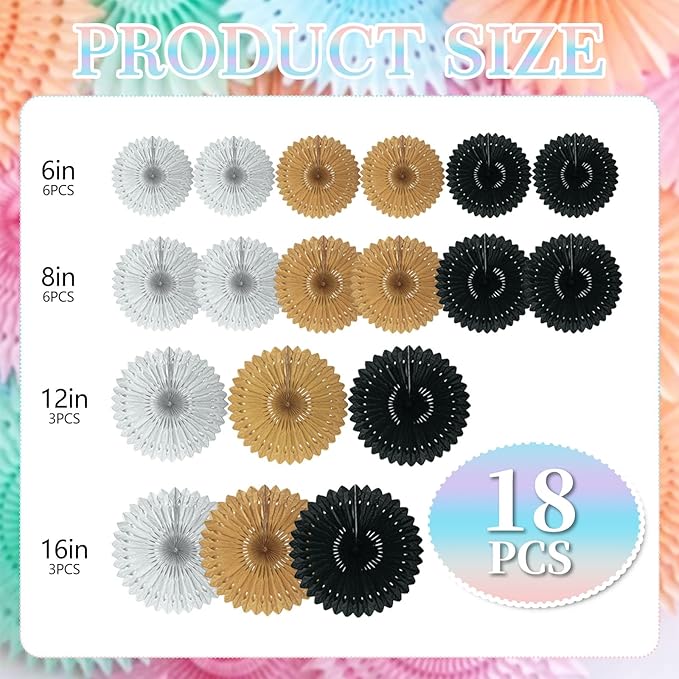 18 Pcs Black Gary Khaki Hanging Honeycomb Paper Fans, Round Paper Fan - Image 2