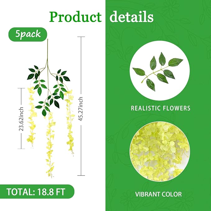 5 Pack Green Wisteria Hanging Flowers Garland, 3.77 Feet Artificial Flower Vines - Image 2