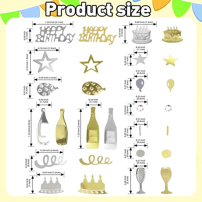VHUWE Happy Birthday Confetti, 1.6 oz Champagne Gold Silver Cake Balloon Star - Image 2