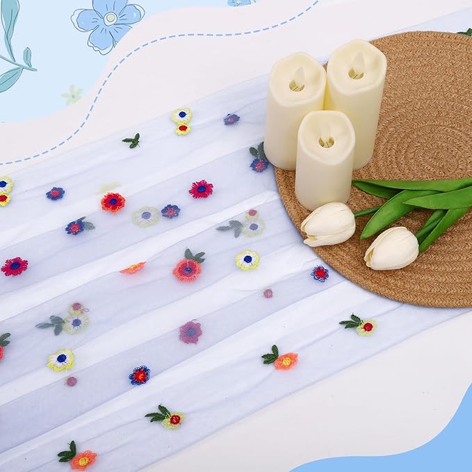 3PCS Blue Floral Table Runner 10 FT, Embroidery Daisy Table Runners Seasonal - Image 5
