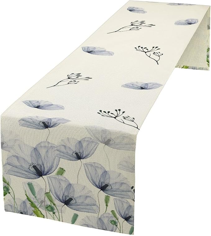 Watercolor Poppy Floral Table Runner, Abstract Seasonal Spring Summer Blue by Unknown