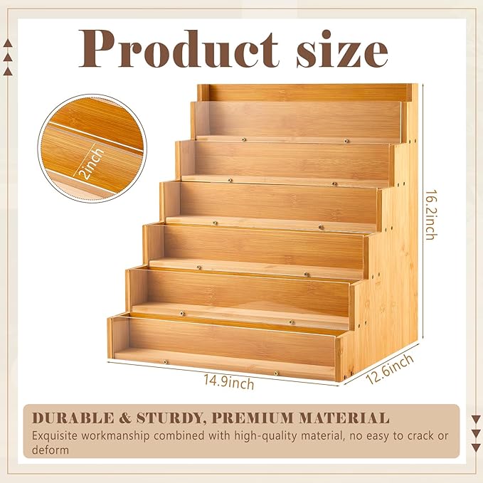 6 Tier Greeting Card Display Stand Wood Color Bamboo and Acrylic Sticker - Image 2