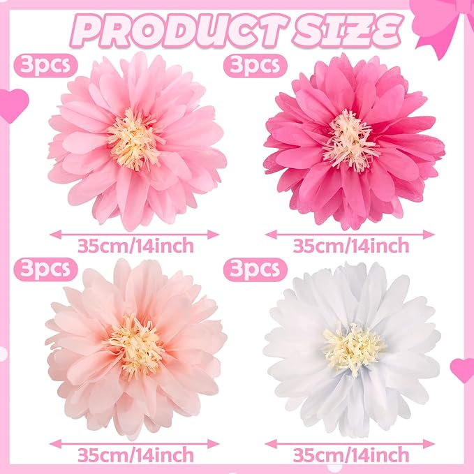 12 Pcs Pink Tissue Paper Flowers Daisy Tissue Paper Pom Poms Party Decorations - Image 2