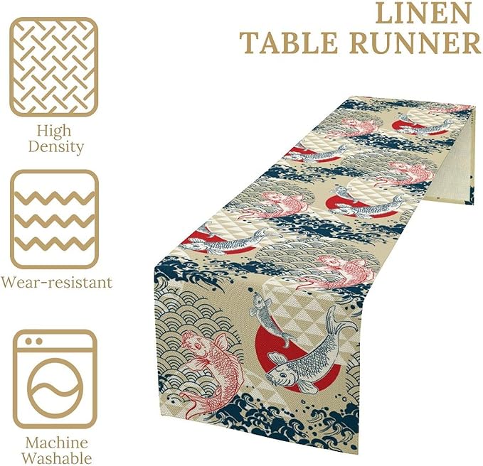 Japanese Table Runner Oriental Tradition Kio Fish Art Printed Burlap Runner - Image 3