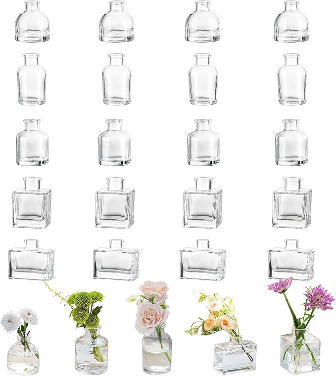 Glasseam Mini Bud Vases for Centerpieces: Clear Small Flower Vase Set of 20 by Glasseam