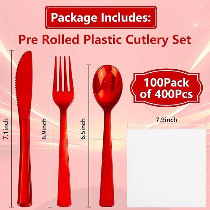 400PCS Pre Rolled Red Plastic Silverware Sets - Image 6