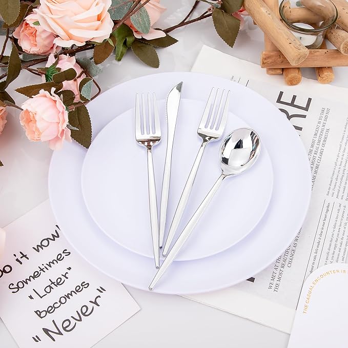PULOTE 150PCS Silver Plastic Silverware Disposable - Image 4
