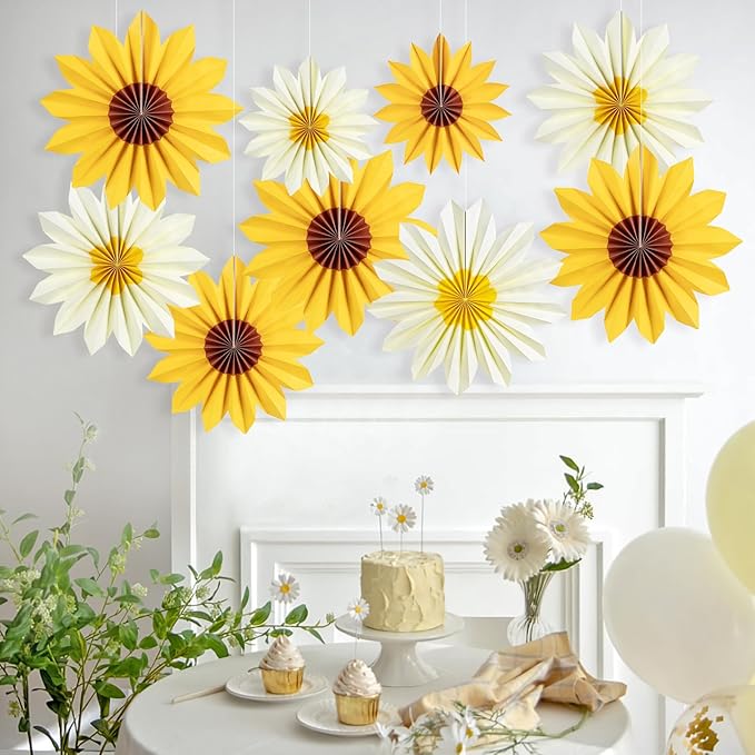 Easy Joy 9PCS Sunflower Party Decorations Sunflower Paper Fans Yellow Birthday - Image 4