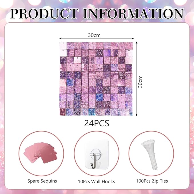 24PCS Light Pink Shimmer Wall Backdrop, Laser Square Sequin Photo Backdrops - Image 2