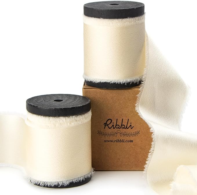 Ribbli Ivory Silk Satin Ribbon 1.5 Inch x 12 Yard Handmade Frayed Chiffon Ribbon by Ribbli