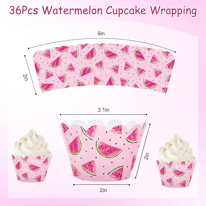 Whaline 36Pcs Watermelon Cupcake Wrappers Watercolor Pink Watermelon Cupcake - Image 2