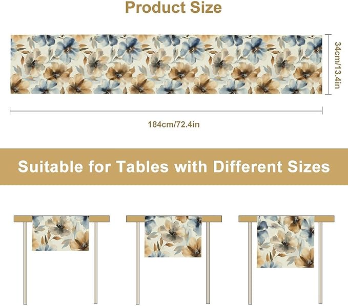 Poppy Floral Table Runner, Watercolor Brown Blue Flowers Blossom Summer Nature - Image 2