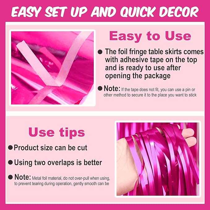 3 Pack Fuchsia Foil Fringe Table Skirts Metallic Tinsel Streamers Garland - Image 3