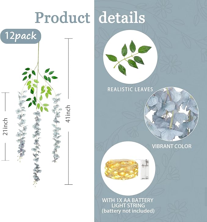 12 Pack Grey Wisteria Hanging Flowers Garland - Image 2