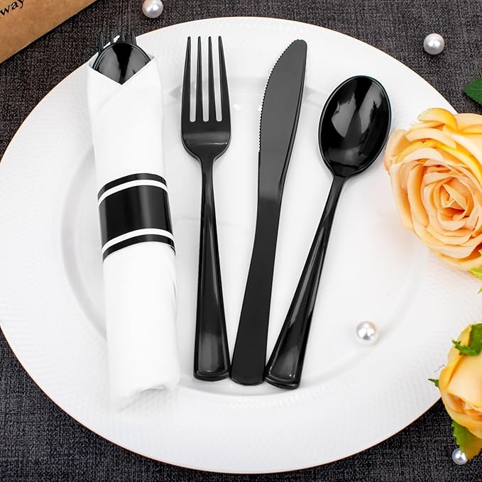 Supernal 60 Pack Hevy Duty Rolled Black Plastic Silverware, Pre Wrapped Cutlery - Image 3