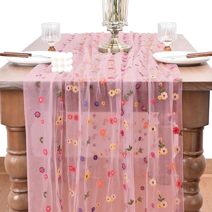 Joanlody 3pcs Blushing Pink Embroidery Daisy Fall Thanksgiving Table Runner - Image 2