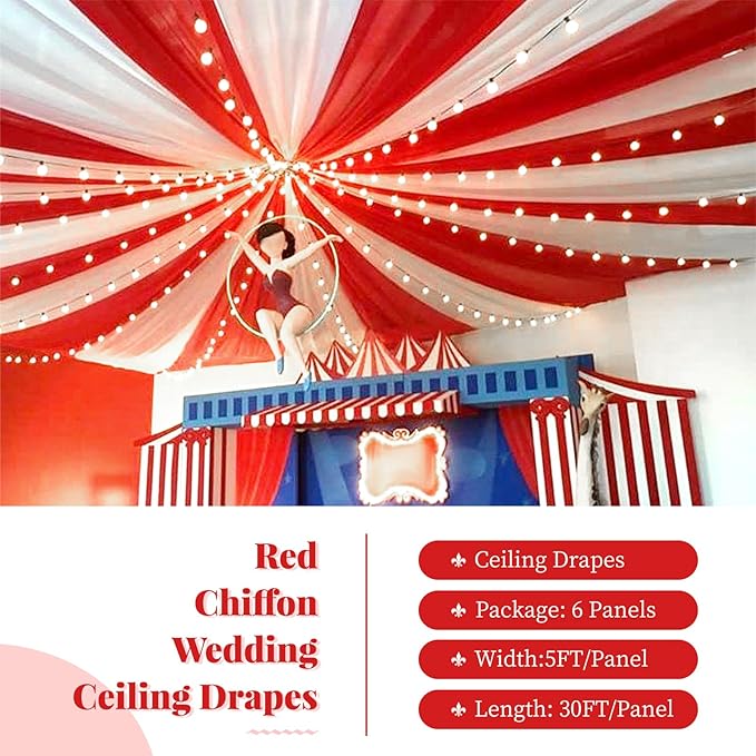 6 Panels Red Wedding Ceiling Drapes 5ftx30ft Ceiling Drapes Chiffon Fabric Arch - Image 2