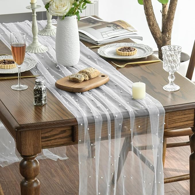 Artoid Mode Pearl Gauze Table Runner 59x120 Inch, Seasonal Sheer Kitchen Dining - Image 5