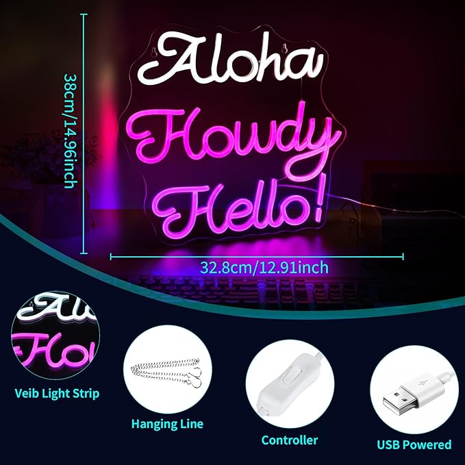 Aloha Howdy Hello Neon Signs for Wall Decor LED Neon Sign for Room Neon Light - Image 2