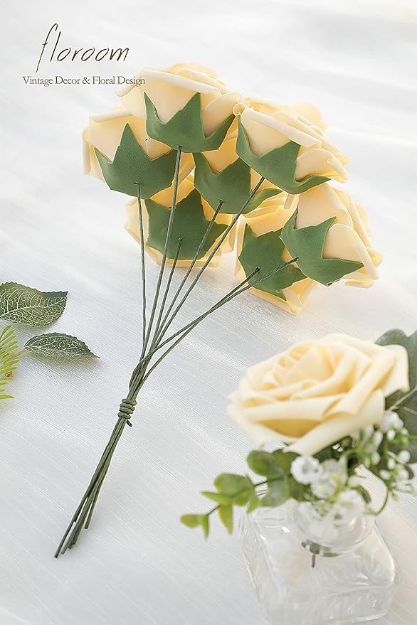 Floroom Artificial Flowers 50pcs Real Looking Creamy Yellow Foam Fake Roses - Image 2