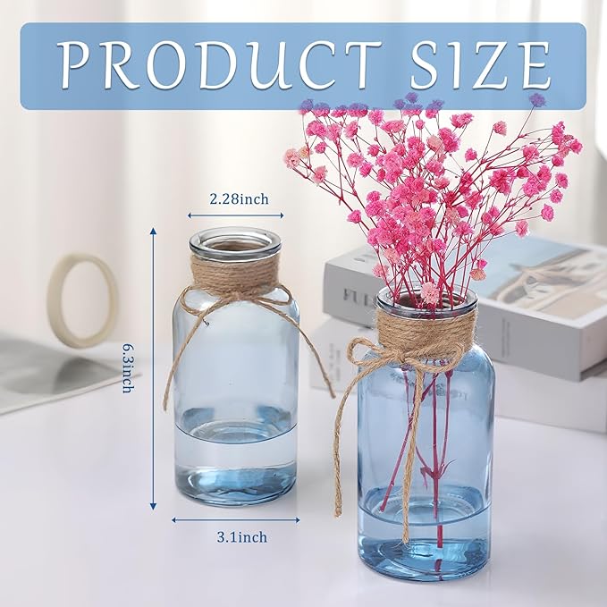 Blue Glass Flower Vases for Centerpieces Set of 6, Mason Jars Boho Cylinder Bud - Image 4