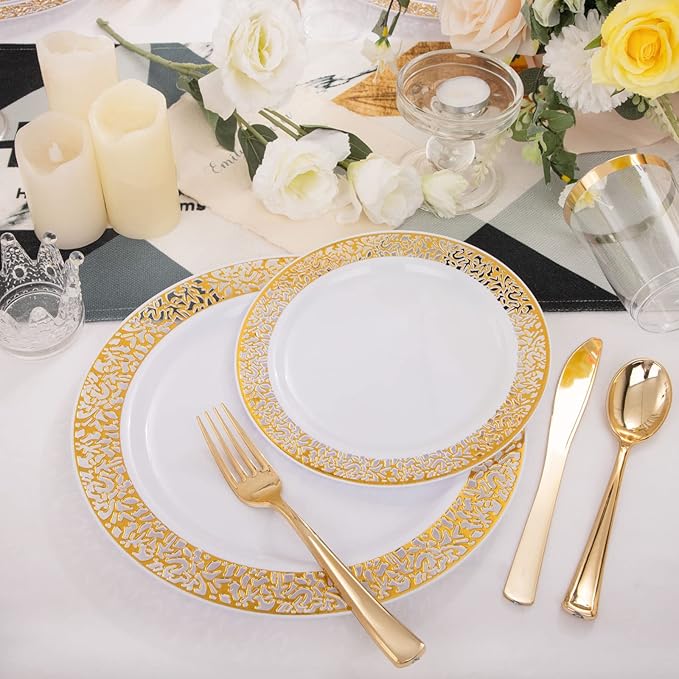 WELLIFE 175 PCS Gold Plastic Plates, Includes: 25 Dinner plates, 25 Salad Plates - Image 6