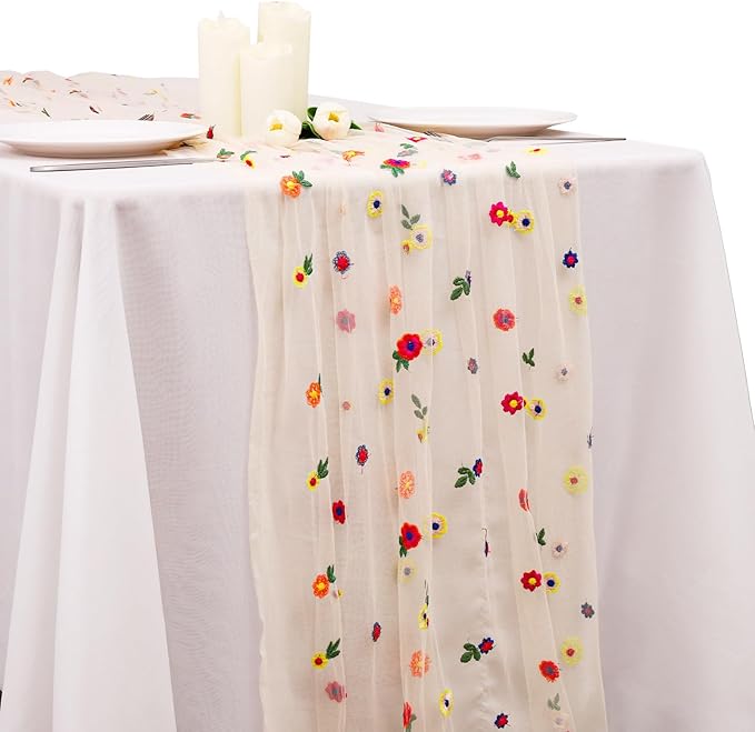BINBE 1pcs Champagne Daisy Fall Table Runner Embroidery Gauze 10FT Florals by BINBE
