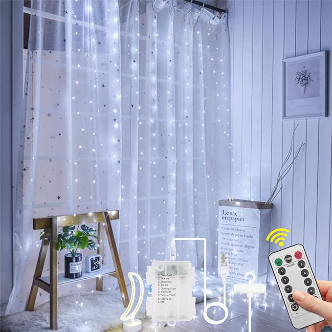 AOMIG Fairy Curtain Lights, 300 LED White Window Curtain String Light, 8 Modes by AOMIG