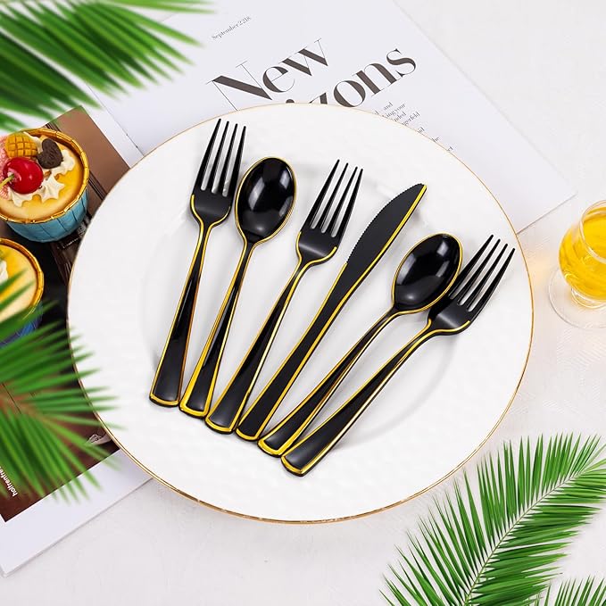WDF 180 Pieces Black and Gold Plastic Silverware -Halloween Black Plastic - Image 6