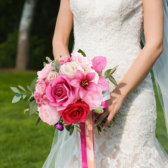 AmyHomie Fuchsia Pink Artificial Flowers Combo Silk Mix Peony Rose Fake Flowers - Image 4