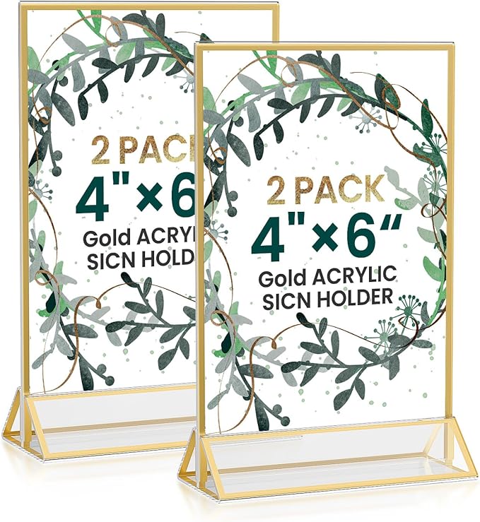 Acrylic Gold Sign Holders 4x6, 2 Pack Wedding Gold Table Number Holders by HRSDEIE