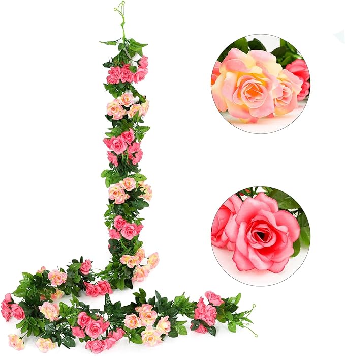 JUSTOYOU Artificial Rose Garland Vines Pink Flowers Hanging Silk Rose Vine by JUSTOYOUARTIFICIALFLORAL
