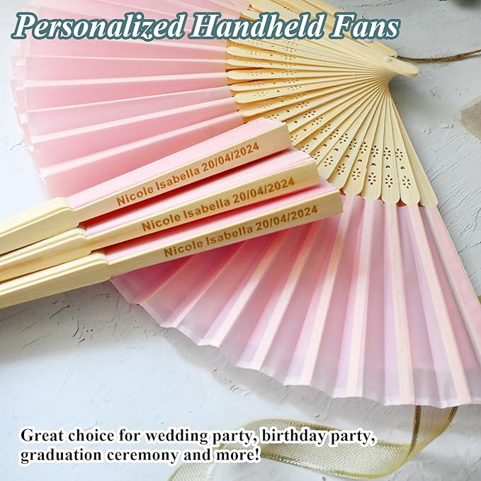 25 Sets Personalized Pink Hand Fans, Custom Engraved Folding Fans - Image 2